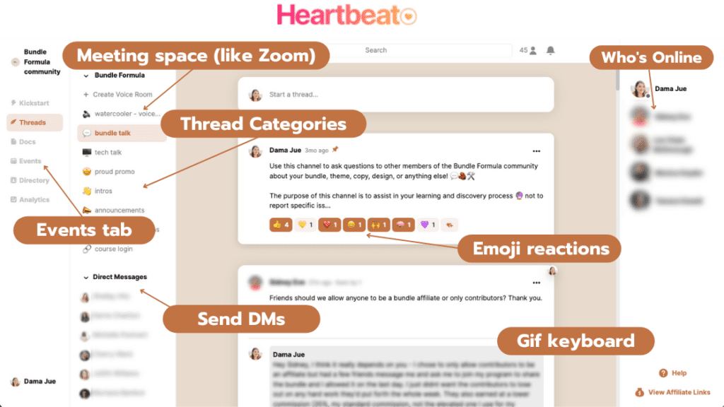 screenshot of Heartbeat community app's desktop interface showing threads, chat, DMs and events