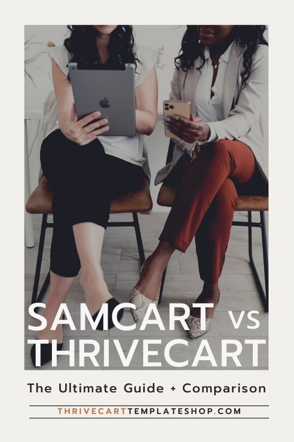 two women in business clothes with an ipad comparing thrivecart to samcart