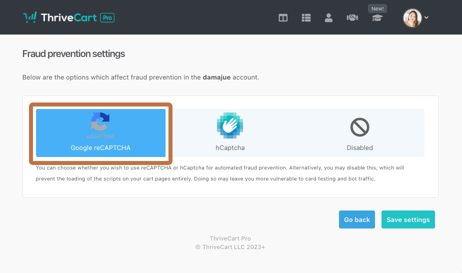 Screen capture of Thrivecart fraud prevention settings to strengthen your Thrivecart account security with a box around the Google reCaptcha option